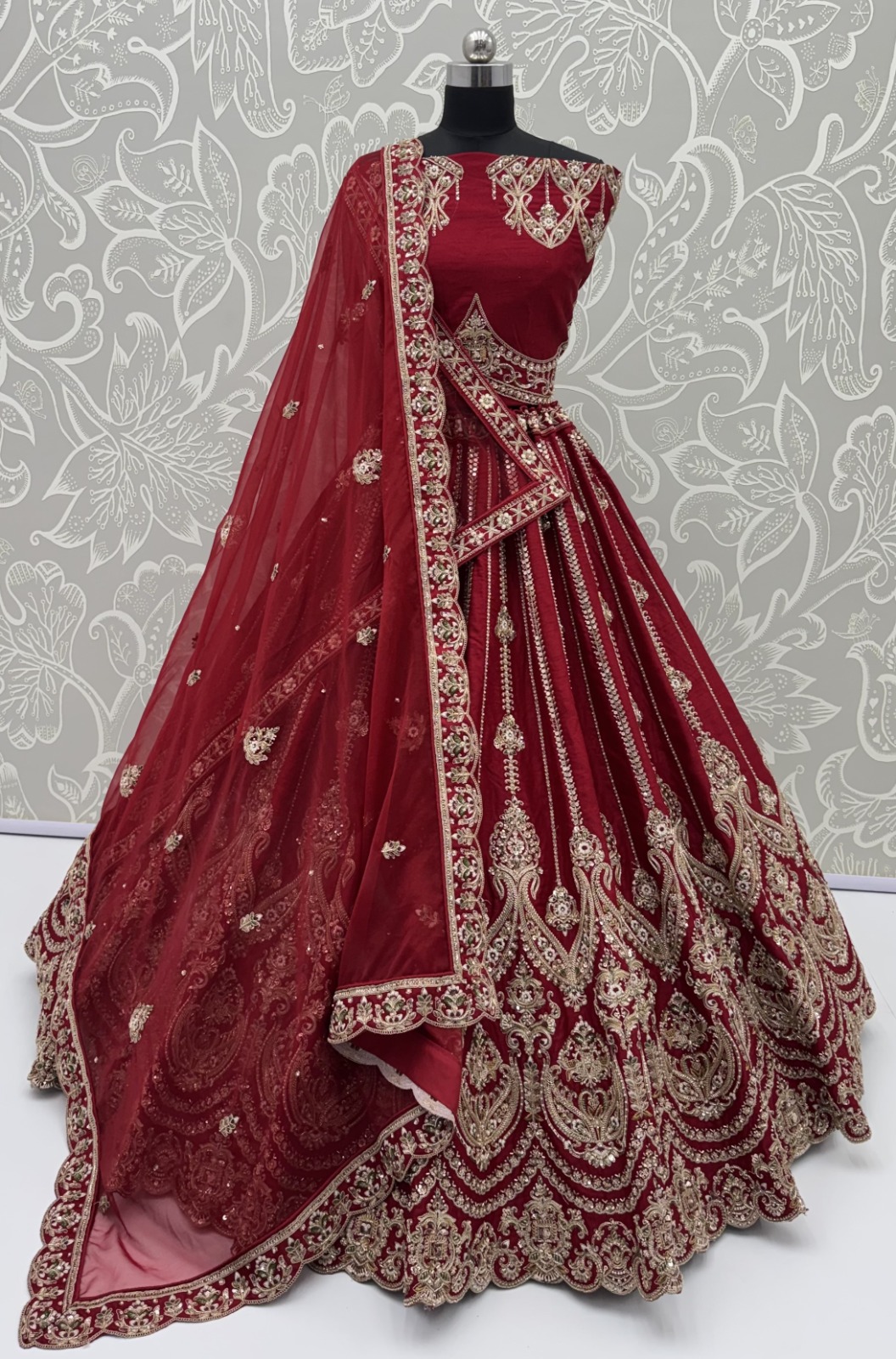 Maroon Silk Bridal Embroidered using Beads, Moti, Cotton Multi-Thread Handwork Semi-Stitched Lehenga Choli